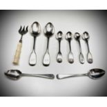 A pair of silver fiddle and shell pattern egg spoons and other plain spoons 5.3oz together with an