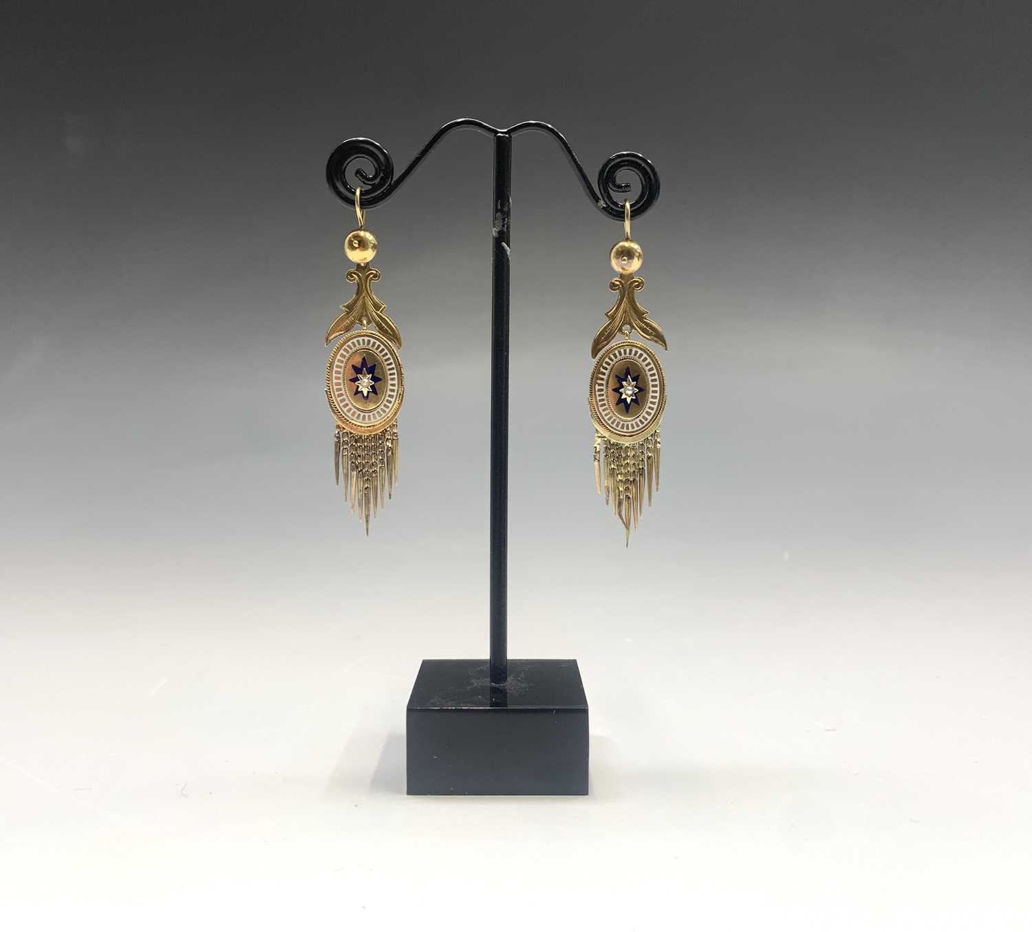 A pair of 19th century Roman Revival gold, enamel and pearl earrings each with a graduated fringe - Image 3 of 4