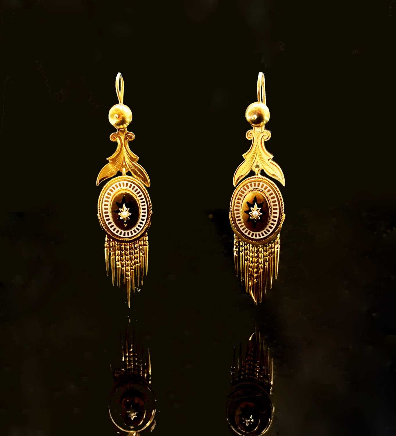 A pair of 19th century Roman Revival gold, enamel and pearl earrings each with a graduated fringe