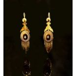 A pair of 19th century Roman Revival gold, enamel and pearl earrings each with a graduated fringe