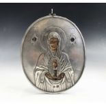 A Russian silver oval icon 130 x 110mm