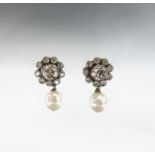 A pair of good antique diamond cluster earrings each with a pear-shaped pearl dropCondition