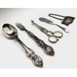 A Victorian child's spoon and fork by Aaron Hadfield, victorian sugar scissors a butter knife and