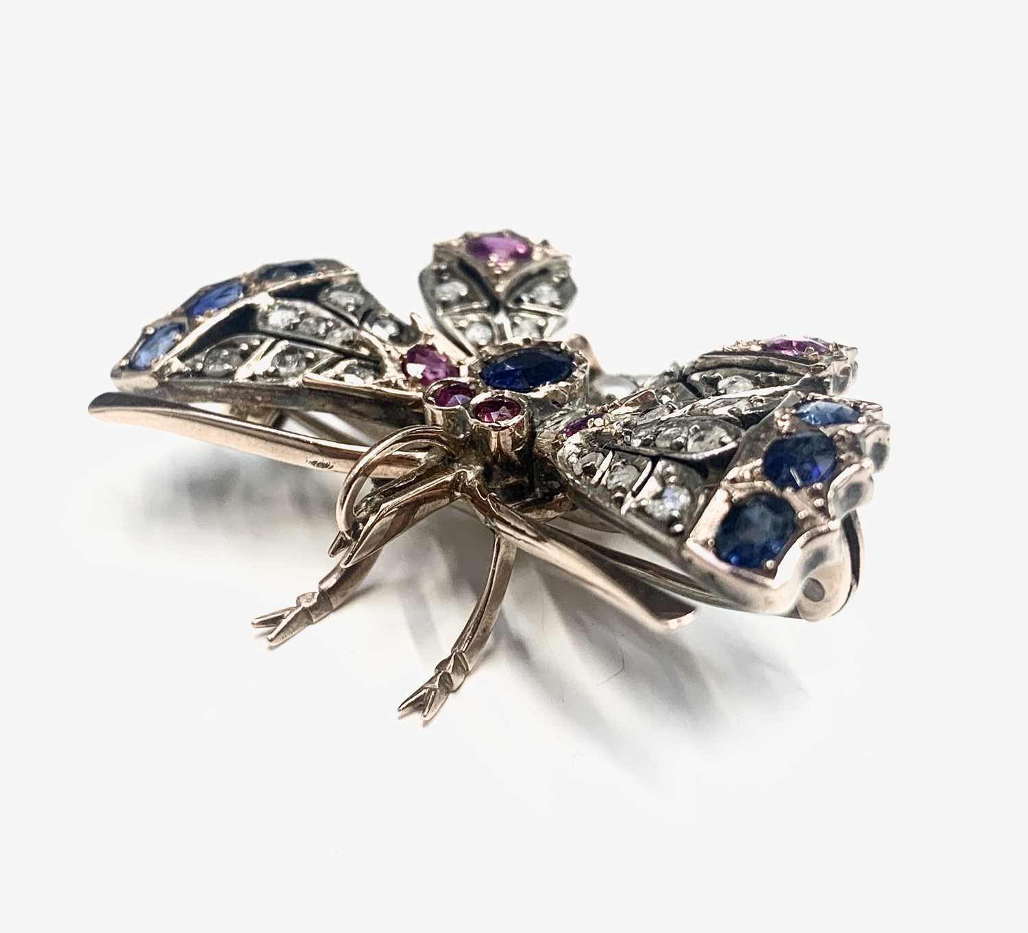 A fine Victorian gold butterfly brooch set with diamonds sapphires rubies and pearls 16gm 45.5mm