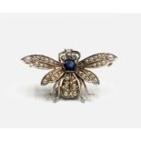 A fine Edwardian gold butterfly brooch with diamond eyes, sapphire thorax and pearl wings 6.3gm