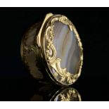 A fine George II gold and agate cagework snuffbox of cylindrical form the hinged lid with wave