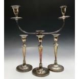 A pair of Sheffield plated Adam period candlesticks Ht 29cm and matching candelabrum Ht 47cm with