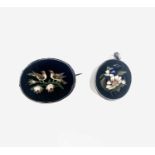 A gold-mounted micromosaic panel with birds on a rose branch 38mm and a pietra dura pendant
