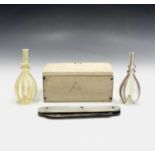 An ivory domed box 73mm, a silver bladed fruit knife and two miniature Venetian glass flasks