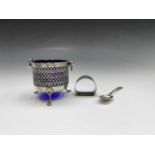 A Victorian silver pierced sugar basket with blue glass liner by H J Cooper & Co Ltd Birmingham