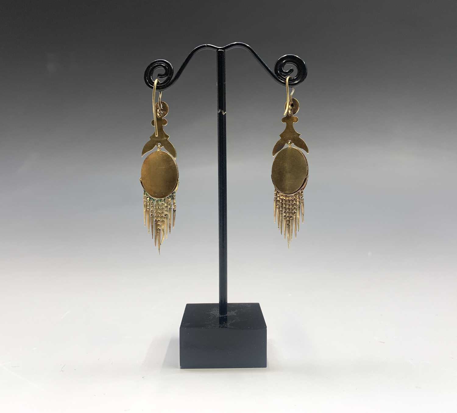 A pair of 19th century Roman Revival gold, enamel and pearl earrings each with a graduated fringe - Image 4 of 4