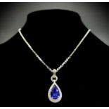 A fine tanzanite and diamond necklace, the central pear-shaped tanzanite approximately 3.7cts, set