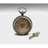 A Victorian silver cased keywind fob watch, the silver dial with applied gold decoration