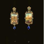 A pair of handpainted Venetian earrings in gilt base metal, with lapis, sapphires and turquoise, one