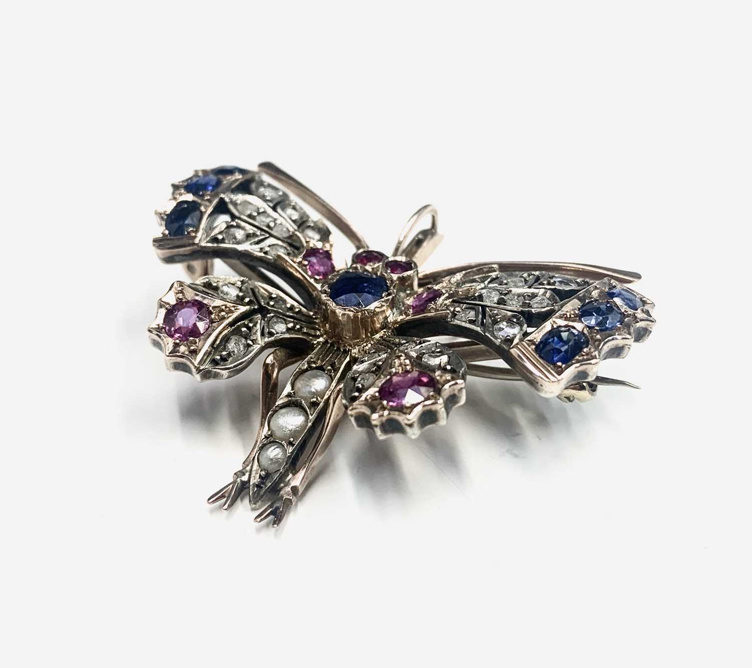 A fine Victorian gold butterfly brooch set with diamonds sapphires rubies and pearls 16gm 45.5mm - Image 2 of 4
