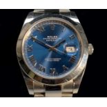 A Rolex Datejust gentleman's 41mm stainless steel wristwatch model 126300, the blue dial with gold