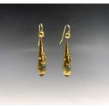 A pair of Victorian gold and turquoise drop earrings, 3.6gCondition report: Max Height