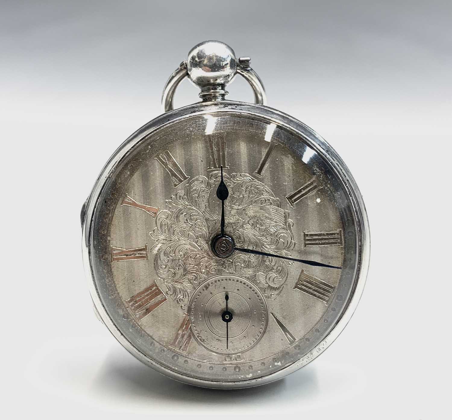 A silver key wind open face pocket watch, hallmarked Birmingham 1839. The face with engraved - Image 3 of 3