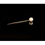 A Victorian stickpin the finial an 8.5mm pearl, cased