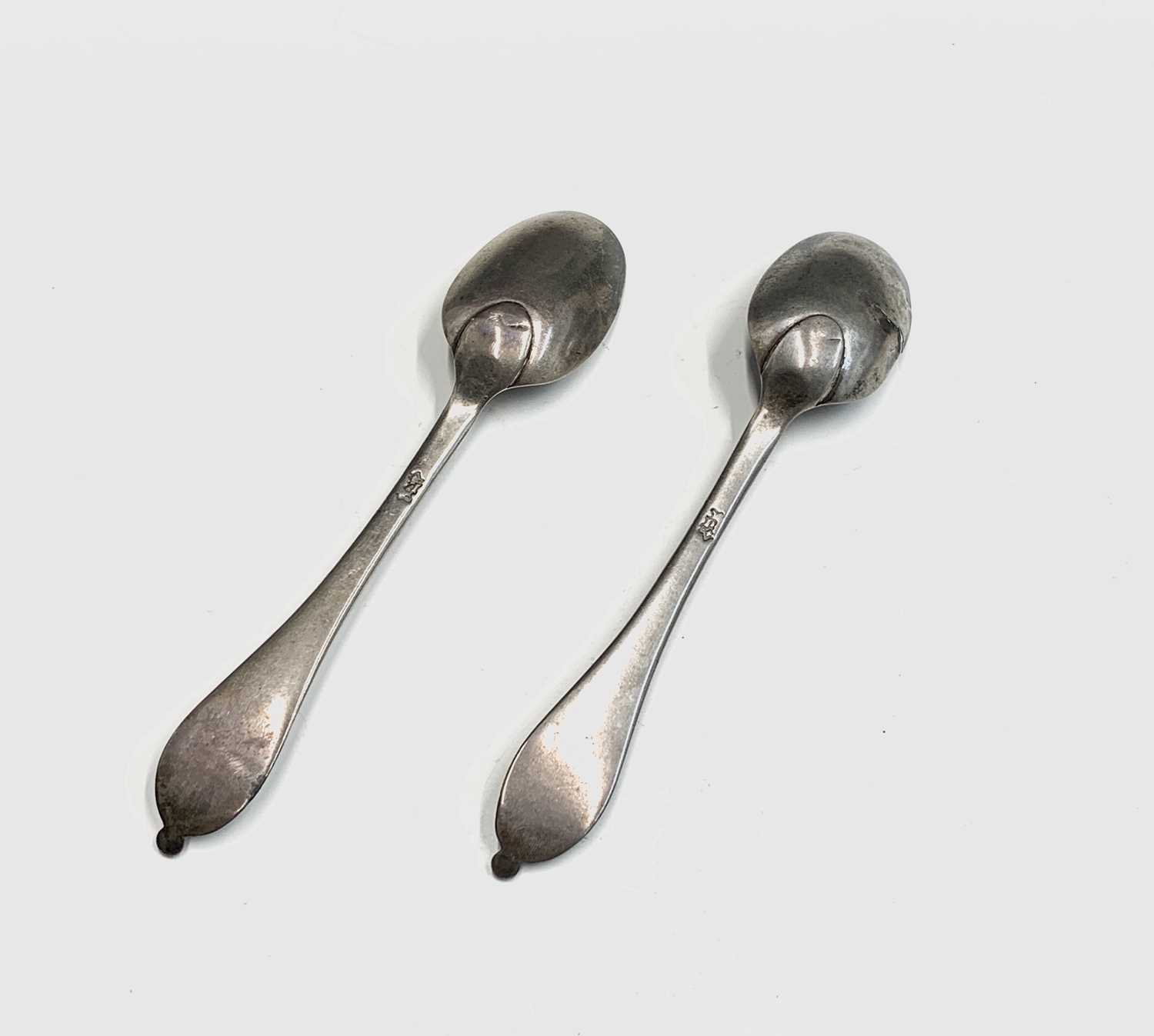 A pair of 18th-century provincial silver bead finial teaspoons crowned PS mark? 47gm - Image 4 of 4