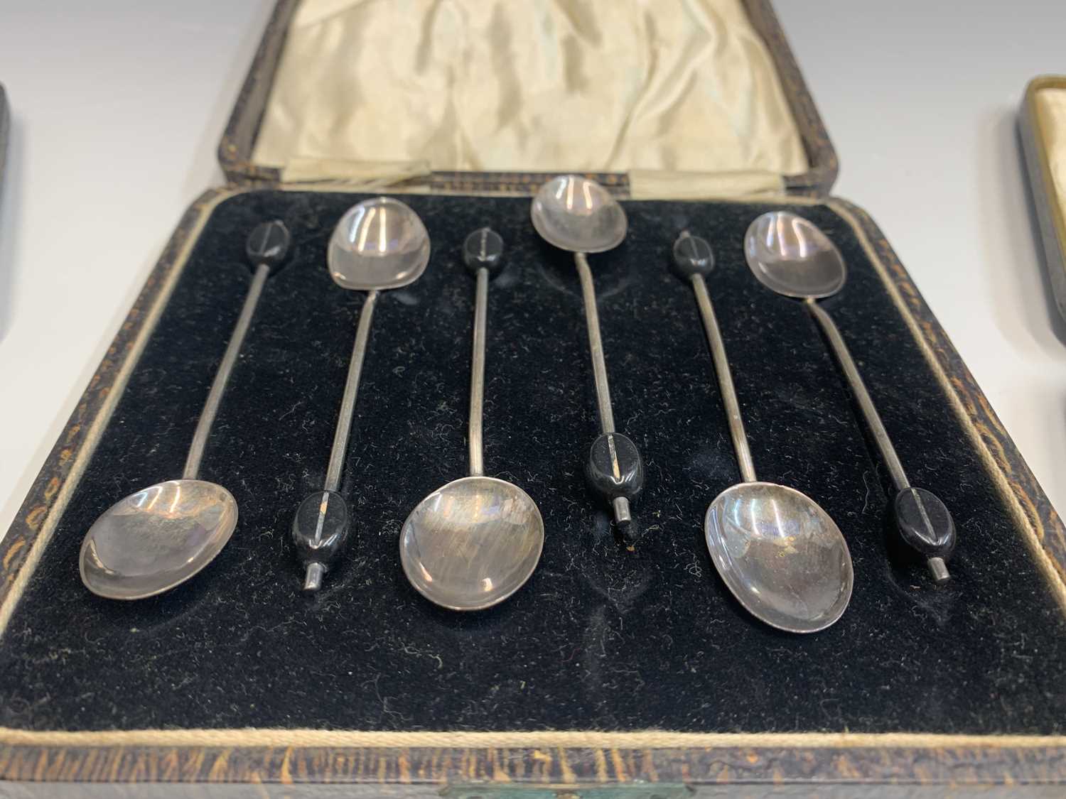 Two sets of six silver bean knop coffee spoons, cased and one other cased set of six silver coffee - Image 2 of 7