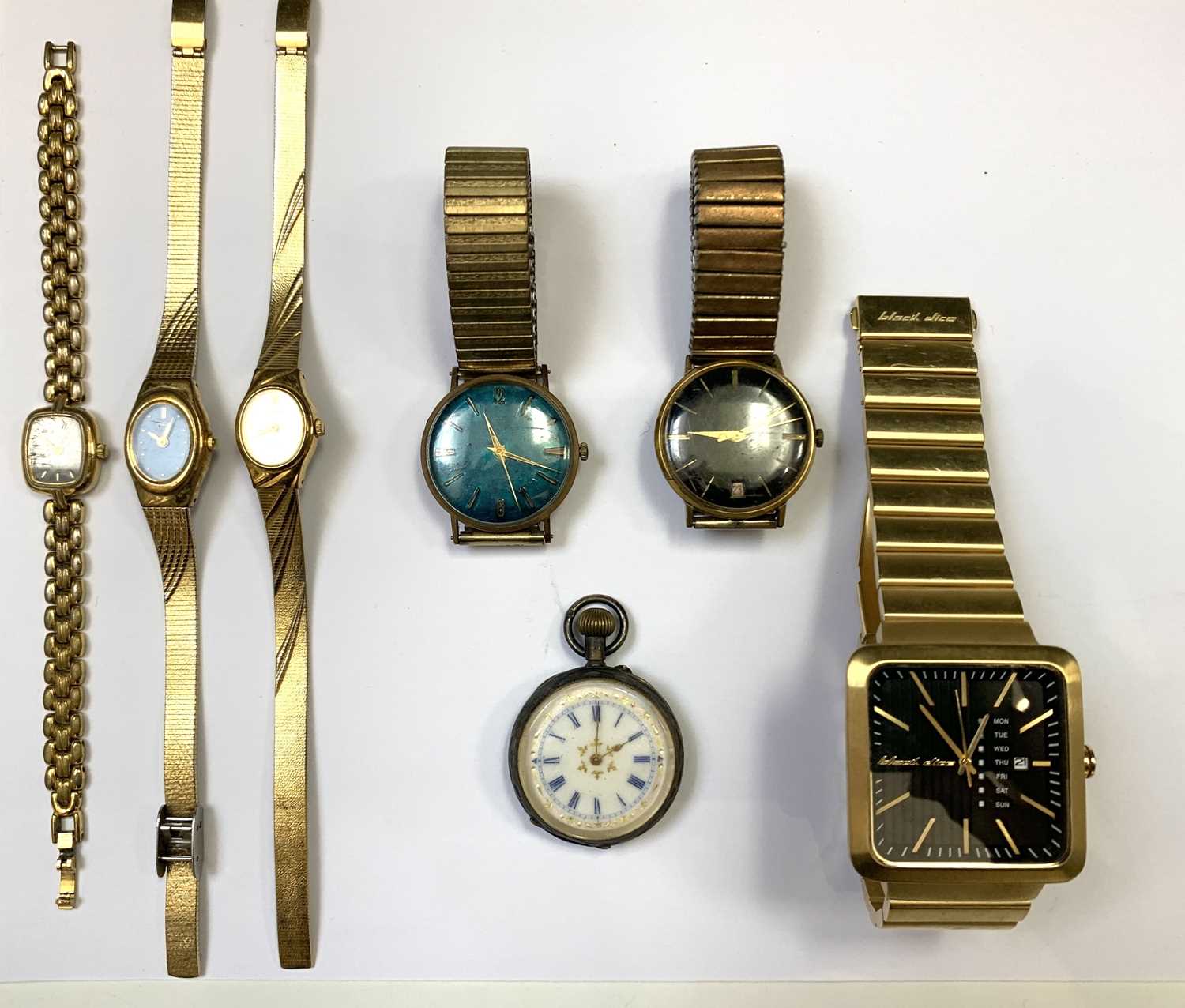A silver cased fob watch, a 9ct gold gentleman's wristwatch and five other watches.