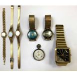 A silver cased fob watch, a 9ct gold gentleman's wristwatch and five other watches.