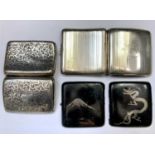 Two silver cigarette cases, 7.6oz and a Japanese cigarette case, the cover with Mount Fugi on one