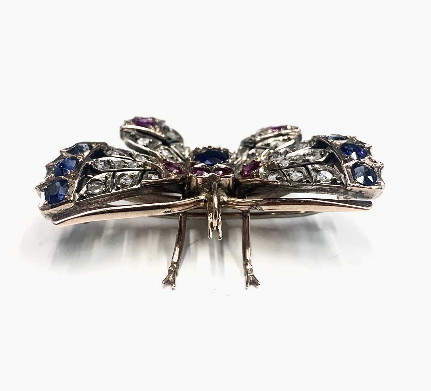 A fine Victorian gold butterfly brooch set with diamonds sapphires rubies and pearls 16gm 45.5mm - Image 3 of 4