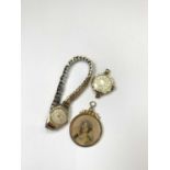 A 9ct gold photo fob and two 9ct gold ladies watches