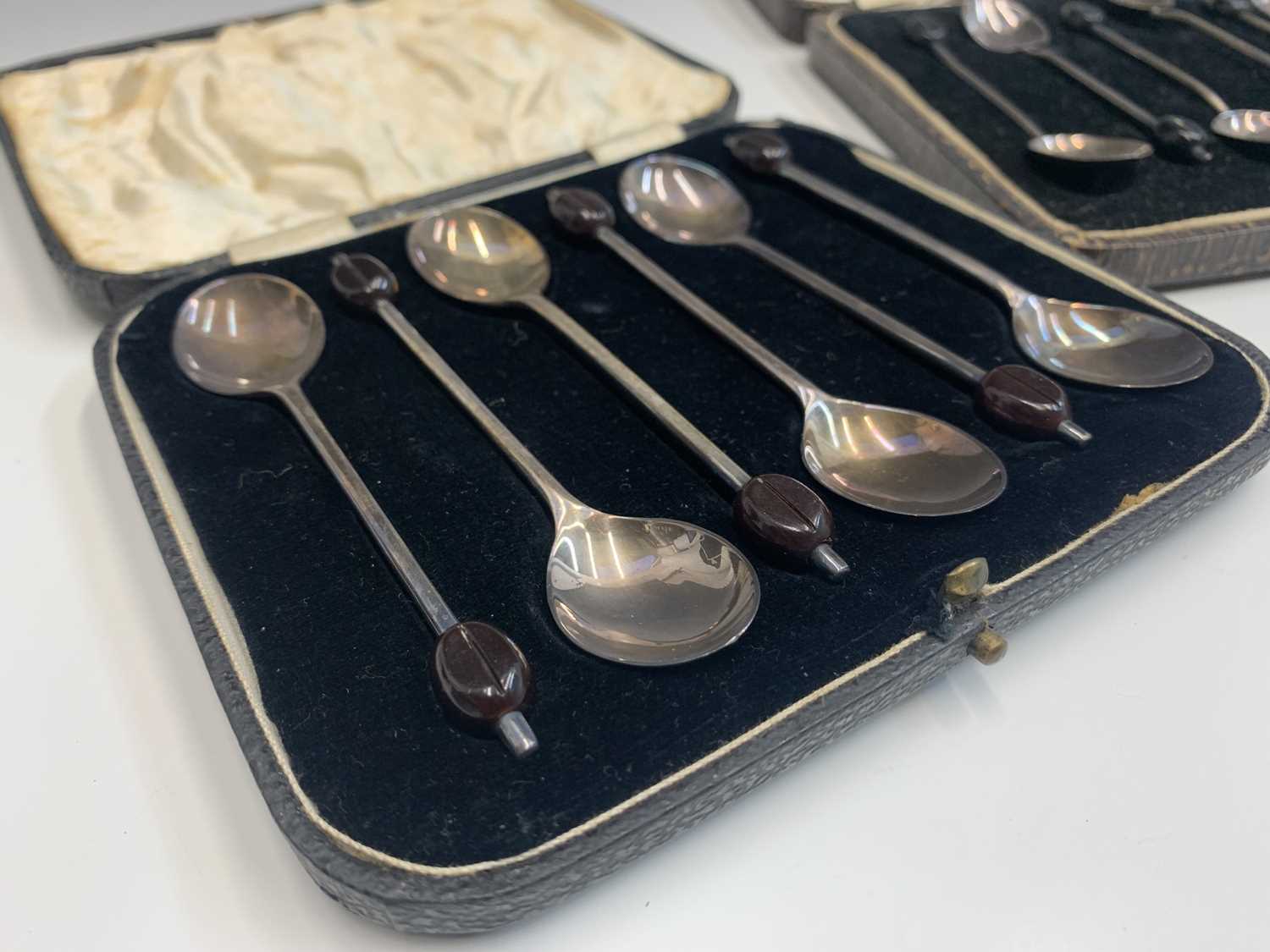 Two sets of six silver bean knop coffee spoons, cased and one other cased set of six silver coffee - Image 6 of 7