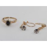 A 9ct yellow gold sapphire and diamond ring size L and a pair of similar earrings 3.9 grams