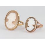 Two 9ct yellow gold cameo portrait rings, size J 1/2 and L 1/2