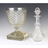 A 19th Century bulbous vase on square base 32cm and a mallet decanter and stopper