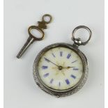 A lady's Edwardian silver fob watch with enamelled dial