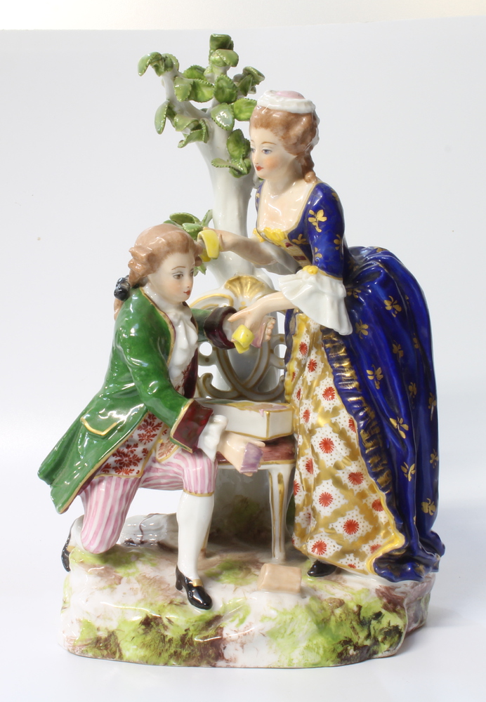 A pair of 19th Century Derby style figure groups of a lady and gentleman seated beneath a tree - Image 5 of 7