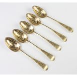 Five Victorian silver gilt teaspoons, London 1842, 116 grams