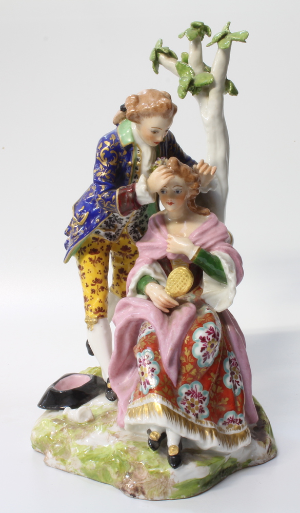 A pair of 19th Century Derby style figure groups of a lady and gentleman seated beneath a tree - Image 2 of 7