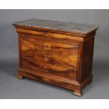 A 19th Century French walnut commode with black veined marble top fitted a secret drawer above 3