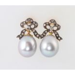 A pair of silver gilt grey cultured pearl and diamond earrings
