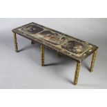 A rectangular Chinese lacquered panel decorated geisha girls and birds, raised on 6 gilt metal