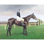 An over painted print/photograph signed Rouch, equestrian study "Troytown", (Ridden by J R
