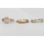 Three 9ct yellow gold diamond rings size N, L and P, 7.1 grams