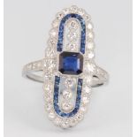 A platinum Art Deco style sapphire and diamond up finger ring, size M