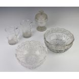 Two 1937 engraved glass commemorative mugs 13cm, a lidded jar and cover and 2 fruit bowls