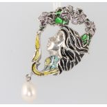 A silver Art Nouveau style enamelled and cultured pearl brooch