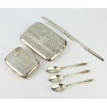 An Edwardian silver cigarette case Birmingham 1908, ditto cigar case (af), paper knife and 3