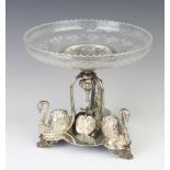An Edwardian silver plated centrepiece with cut glass bowl, the trefoil base with 3 swans, 22cm