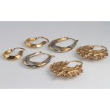 Three pairs of 9ct yellow gold hollow earrings, 3.8 grams