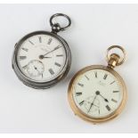 A gold plated pocket watch with seconds at 6 o'clock, a silver ditto